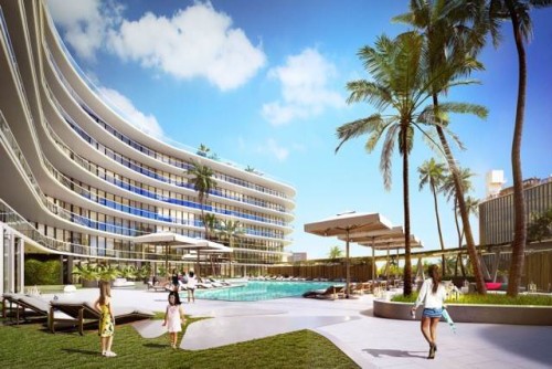 The amenities at Building 57 include an infinity pool, fitness center and residents' lounge.