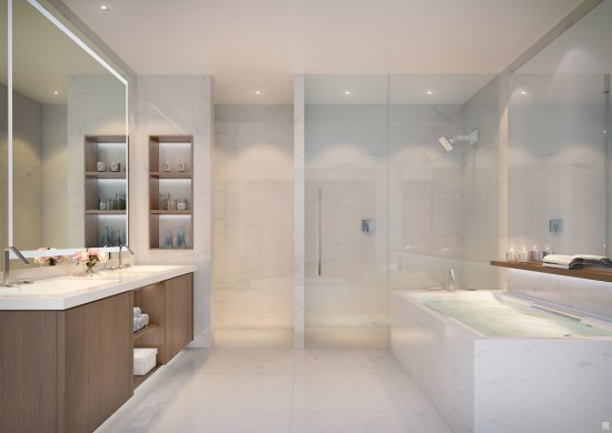 Master baths will have spa-like glass showers and marble tubs.
