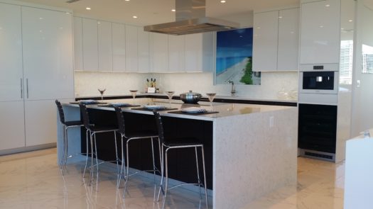An expansive kitchen island is ideal for entertaining and meal preparation.